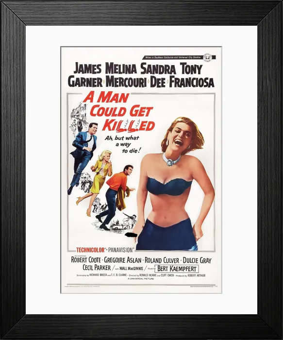 Framed Print : A MAN COULD GET KILLED, US poster art, from left: James Garner, Sandra Dee, Anthony Franciosa, Melina Mercouri, 1966