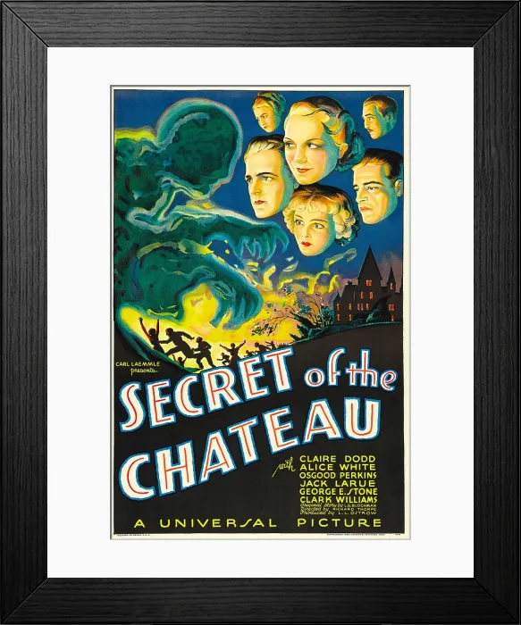 Framed Print : SECRET OF THE CHATEAU, poster, Clark Williams (left), Osgood Perkins (top right), center: Claire Dodd, Alice White (bottom), Jack La Rue (bottom right), 1934 Framed Print : SECRET OF THE CHATEAU, poster, Clark Williams (left), Osgood Perkins (top right), center: Claire Dodd, Alice White (bottom), Jack La Rue (bottom right), 1934