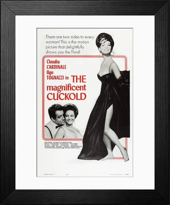 Framed Print : THE MAGNIFICENT CUCKOLD, (aka IL MAGNIFICO CORNUTO), l-r: Ugo Tognazzi, Claudia Cardinale on poster art, 1964