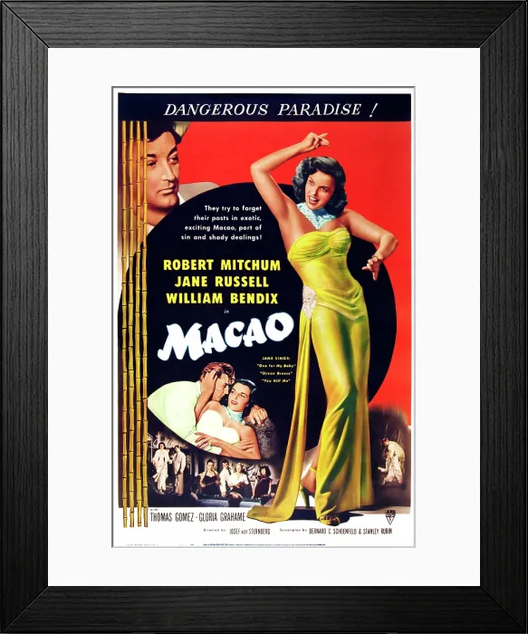 Framed Print : MACAO, top left: Robert Mitchum, right: Jane Russell, bottom l-r: Robert Mitchum, Jane Russell on poster art, 1952 Framed Print : MACAO, top left: Robert Mitchum, right: Jane Russell, bottom l-r: Robert Mitchum, Jane Russell on poster art, 1952