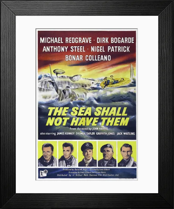 Framed Print : THE SEA SHALL NOT HAVE THEM, US poster art, from left: Michael Redgrave, Dirk Bogarde, Anthony Steel, Nigel Patrick, Bonar Colleano, 1954