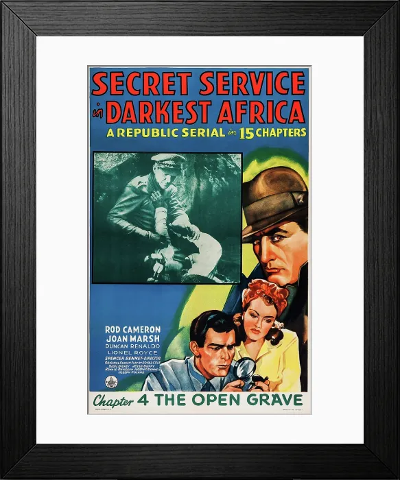 Framed Print : SECRET SERVICE IN DARKEST AFRICA, US poster art, from left: Rod Cameron, Joan Marsh, in Chapter 4: The Open Grave, 1943