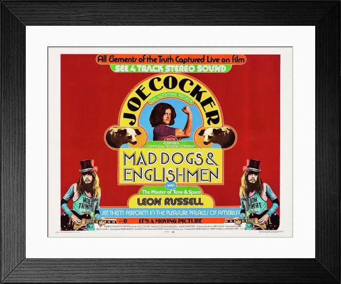 Framed Print : MAD DOGS AND ENGLISHMEN, US poster art, center: Joe Cocker; bottom left and right: Leon Russell, 1971 Framed Print : MAD DOGS AND ENGLISHMEN, US poster art, center: Joe Cocker; bottom left and right: Leon Russell, 1971