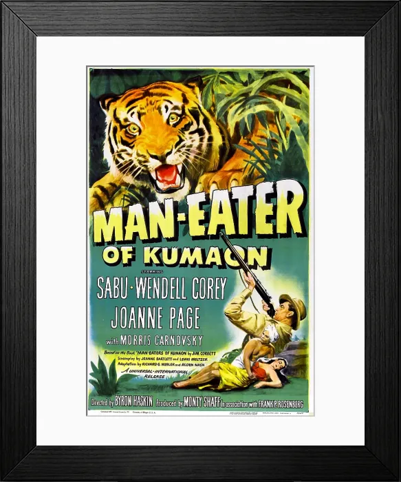 Framed Print : MAN-EATER OF KUMAON, US poster, bottom right from top: Wendell Corey, Sabu, Joanne Page (aka Joy Page), 1948 Framed Print : MAN-EATER OF KUMAON, US poster, bottom right from top: Wendell Corey, Sabu, Joanne Page (aka Joy Page), 1948