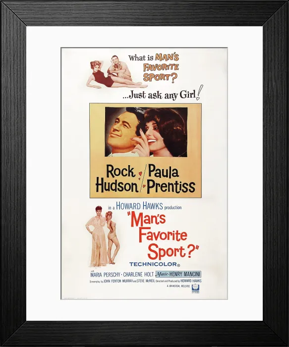 Framed Print : MAN'S FAVORITE SPORT?, US poster art, top left: Maria Perschy, Rock Hudson; inset from left: Rock Hudson, Paula Prentiss, 1964 Framed Print : MAN'S FAVORITE SPORT?, US poster art, top left: Maria Perschy, Rock Hudson; inset from left: Rock Hudson, Paula Prentiss, 1964