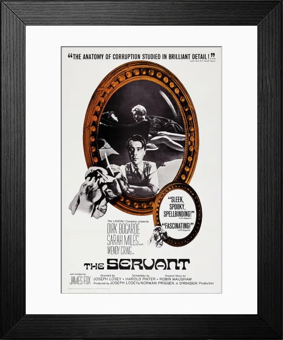 Framed Print : THE SERVANT, US poster art, from top left: Sarah Miles, James Fox, Dirk Bogarde, 1963 Framed Print : THE SERVANT, US poster art, from top left: Sarah Miles, James Fox, Dirk Bogarde, 1963