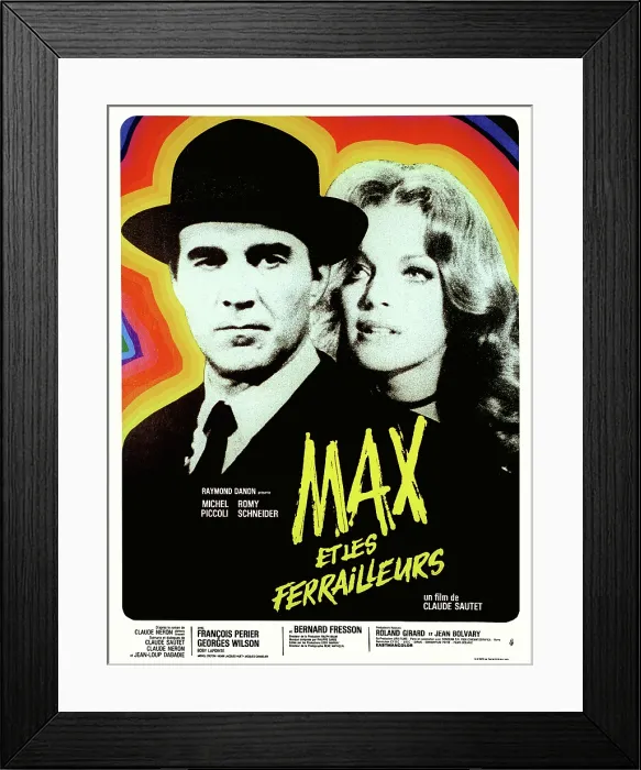 Framed Print : MAX ET LES FERRAILLEURS, (aka MAX AND THE JUNKMEN), from left on French poster art: Michel Piccoli, Romy Schneider, 1971