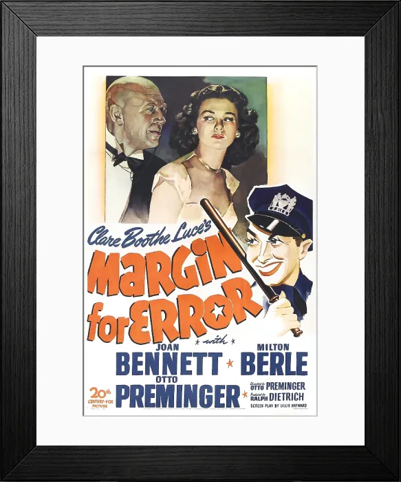 Framed Print : MARGIN FOR ERROR, US poster, top from left: Otto Preminger, Joan Bennett, Milton Berle, 1943. TM and copyright 20th Century Fox Film Corp