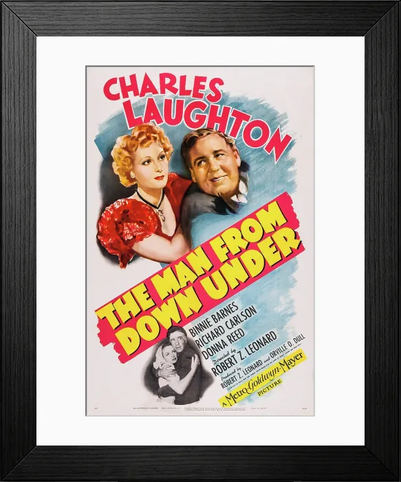 Framed Print : THE MAN FROM DOWN UNDER, US poster art, top, from left: Binnie Barnes, Charles Laughton; bottom, from left: Donna Reed, Richard Carlson, 1943
