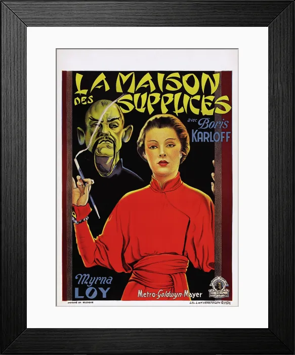 Framed Print : THE MASK OF FU MANCHU, (aka LA MAISON DES SUPPLICES), l-r: Boris Karloff, Myrna Loy on Belgian poster art, 1932