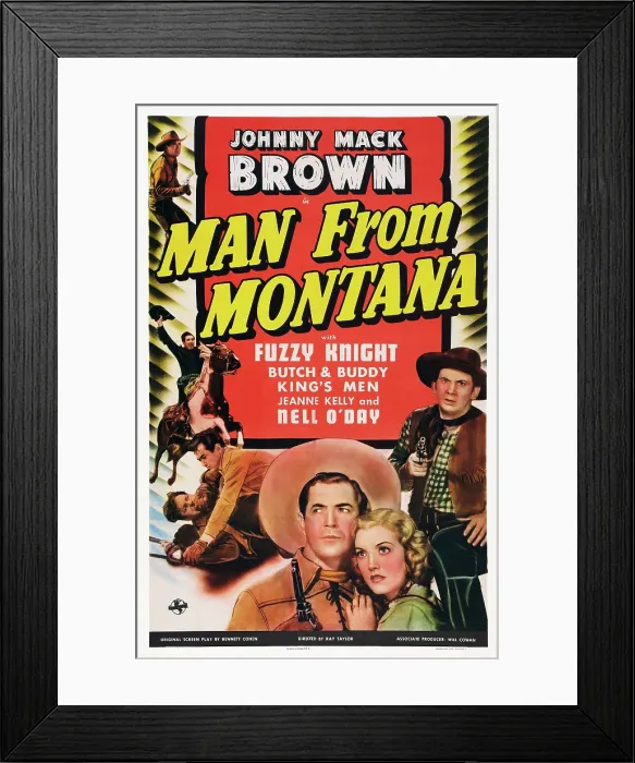 Framed Print : MAN FROM MONTANA, left from top: Johnny Mack Brown, bottom l-r: Johnny Mack Brown, Jeanne Kelly, right: Fuzzy Knight on poster art, 1941