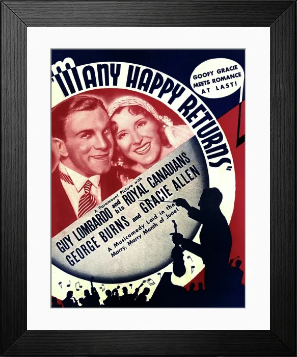 Framed Print : MANY HAPPY RETURNS, US ad art, from left: George Burns, Gracie Allen, Guy Lombardo, 1934 Framed Print : MANY HAPPY RETURNS, US ad art, from left: George Burns, Gracie Allen, Guy Lombardo, 1934