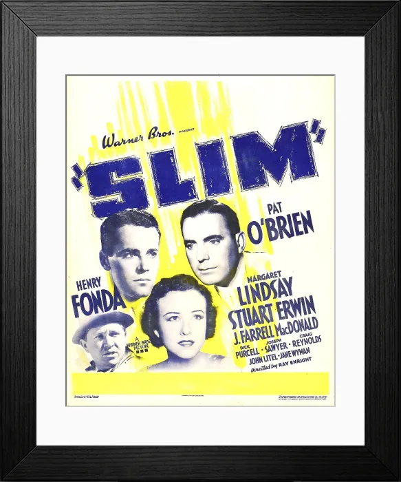 Framed Print : SLIM, top from left: Henry Fonda, Pat O'Brien, bottom from left: Stuart Erwin, Margaret Lindsay on window card, 1937