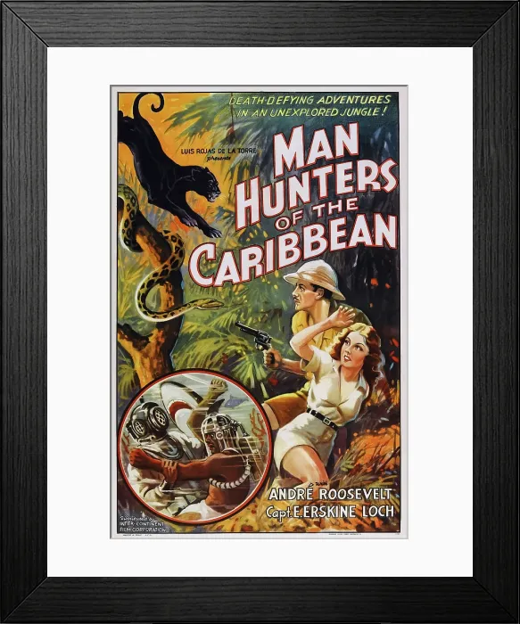 Framed Print : MAN HUNTERS OF THE CARIBBEAN, (aka BEYOND THE CARIBBEAN), US poster, from left: Andre Roosevelt, Carol Jeffries, 1936 Framed Print : MAN HUNTERS OF THE CARIBBEAN, (aka BEYOND THE CARIBBEAN), US poster, from left: Andre Roosevelt, Carol Jeffries, 1936