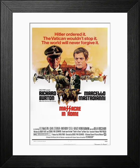 Framed Print : MASSACRE IN ROME, US poster art, from left: Richard Burton, Marcello Mastroianni, 1973