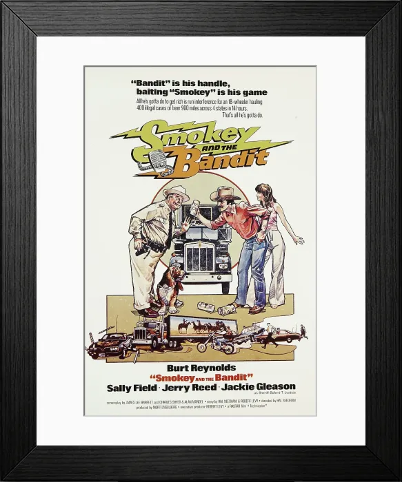 Framed Print : SMOKEY AND THE BANDIT, US poster, from left: Jackie Gleason, Burt Reynolds, Sally Field, 1977 Framed Print : SMOKEY AND THE BANDIT, US poster, from left: Jackie Gleason, Burt Reynolds, Sally Field, 1977