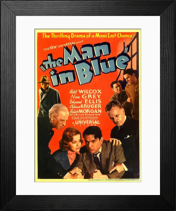 Framed Print : MAN IN BLUE, bottom from left: Edward Ellis, Nan Grey, Robert Wilcox, Ralph Morgan on midget window card, 1937 Framed Print : MAN IN BLUE, bottom from left: Edward Ellis, Nan Grey, Robert Wilcox, Ralph Morgan on midget window card, 1937
