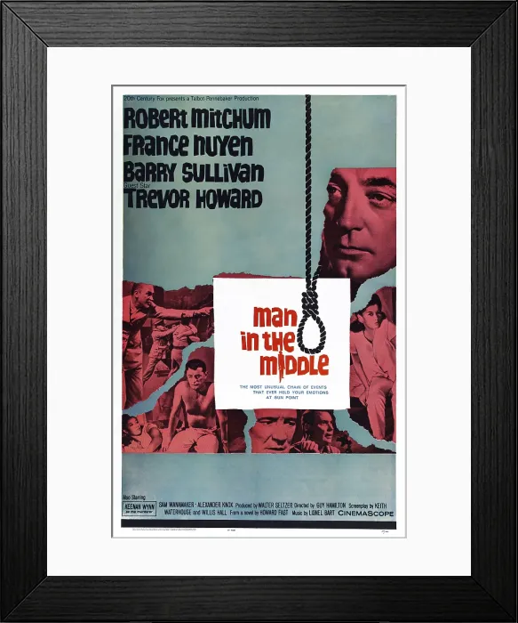 Framed Print : MAN IN THE MIDDLE, (aka THE WINSTON AFFAIR), US poster, Keenan Wynn (pointing), bottom from left: France Nuyen, robert Mitchum, Trevor Howard, Barry Sullivan