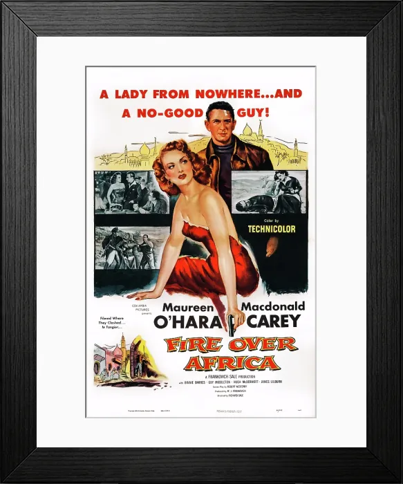 Framed Print : MALAGA, (aka FIRE OVER AFRICA), US poster art, from front: Maureen O'Hara, Macdonald Carey, 1954 Framed Print : MALAGA, (aka FIRE OVER AFRICA), US poster art, from front: Maureen O'Hara, Macdonald Carey, 1954