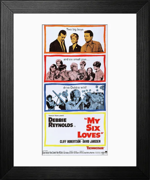 Framed Print : MY SIX LOVES, top l-r: David Janssen, Debbie Reynolds, Cliff Robertson, center and bottom: Debbie Reynolds on poster at, 1963 Framed Print : MY SIX LOVES, top l-r: David Janssen, Debbie Reynolds, Cliff Robertson, center and bottom: Debbie Reynolds on poster at, 1963