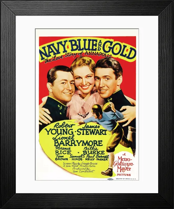 Framed Print : NAVY BLUE AND GOLD, US poster art, from left, Robert Young, Florence Rice, James Stewart, 1937