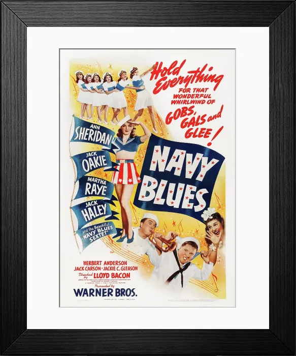 Framed Print : NAVY BLUES, US poster, from left: Ann Sheridan, Jack Haley, Jack Oakie, Martha Raye on midget window card, 1941 Framed Print : NAVY BLUES, US poster, from left: Ann Sheridan, Jack Haley, Jack Oakie, Martha Raye on midget window card, 1941