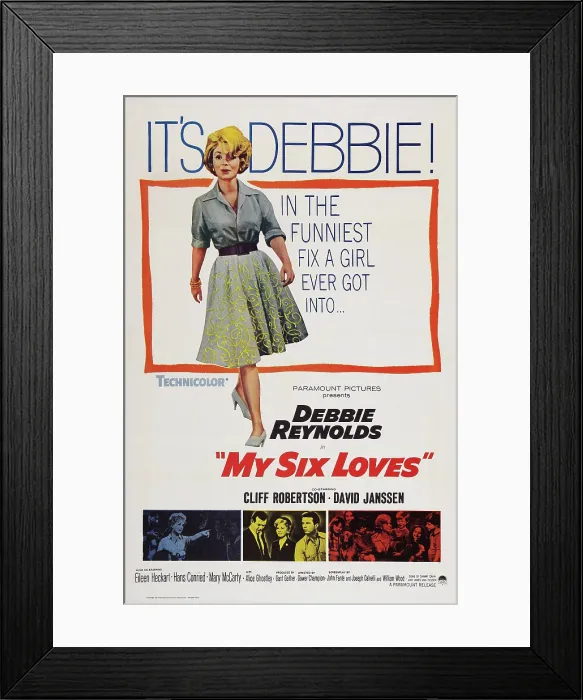 Framed Print : MY SIX LOVES, US poster art, top: Debbie Reynolds; bottom, center insert: David Janssen, Debbie Reynolds, Cliff Robertson, 1963