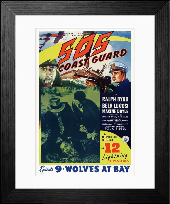 Framed Print : S.O.S. COAST GUARD, US poster art, top from left: Bela Lugosi, Ralph Byrd; inset, tied up: Ralph Byrd; Episode 9: Wolves At Bay, 1942