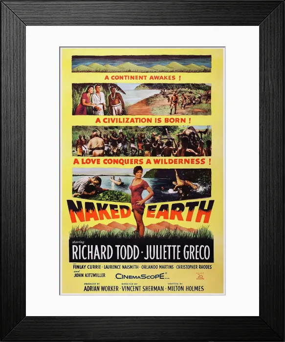 Framed Print : THE NAKED EARTH, US poster art, top left: Juliette Greco, Richard Todd; center: Juliette Greco, 1958, TM & Copyright 20th Century Fox Film Corp