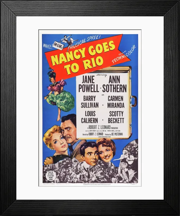 Framed Print : NANCY GOES TO RIO, US poster art, from top left: Carmen Miranda, Barry Sullivan, Ann Sothern, Scotty Beckett, Jane Powell, 1950