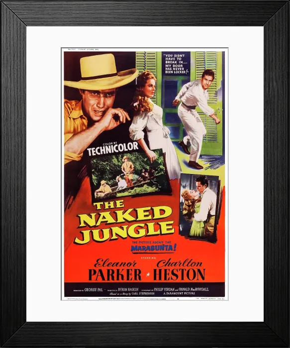 Framed Print : THE NAKED JUNGLE, US poster art, left and right: Charlton Heston; center: Eleanor Parker, 1954 Framed Print : THE NAKED JUNGLE, US poster art, left and right: Charlton Heston; center: Eleanor Parker, 1954