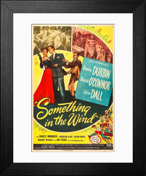 Framed Print : SOMETHING IN THE WIND, US poster, from left: John Dall, Deanna Durbin, Donald O'Connor, Jan Peerce, 1947