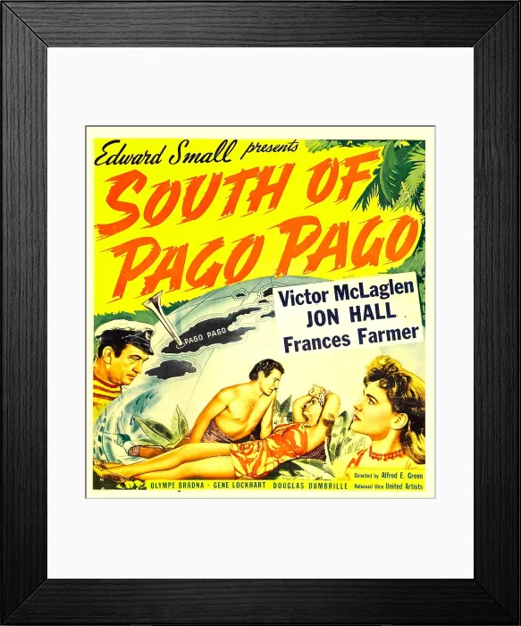 Framed Print : SOUTH OF PAGO PAGO, from left: Victor McLaglen, Frances Farmer on window card, 1940 Framed Print : SOUTH OF PAGO PAGO, from left: Victor McLaglen, Frances Farmer on window card, 1940
