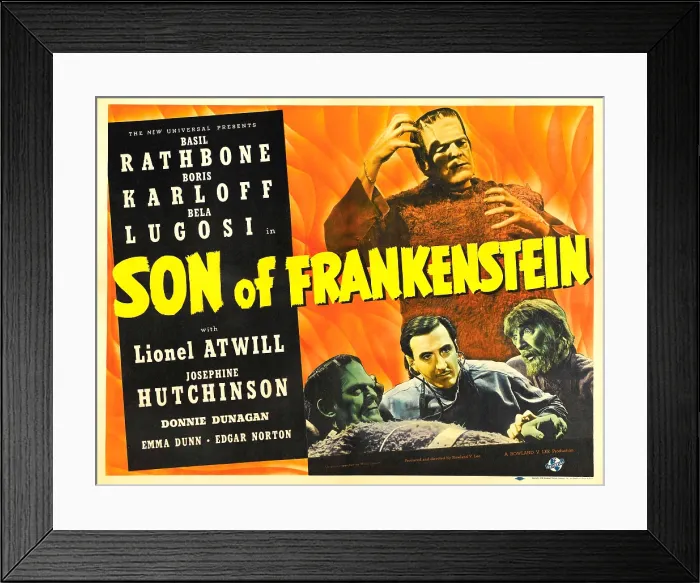 Framed Print : SON OF FRANKENSTEIN, top: Boris Karloff, bottom from left: Boris Karloff, Basil Rathbone, Bela Lugosi, 1939 Framed Print : SON OF FRANKENSTEIN, top: Boris Karloff, bottom from left: Boris Karloff, Basil Rathbone, Bela Lugosi, 1939