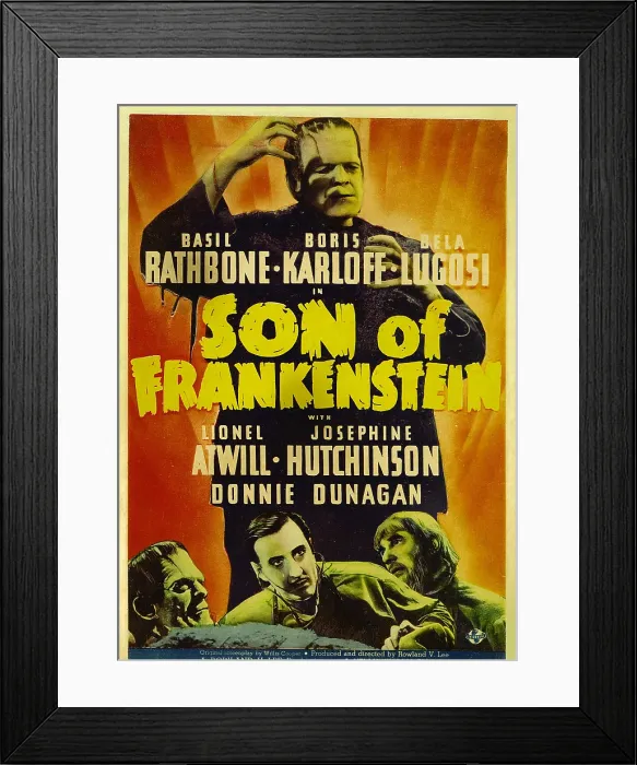 Framed Print : SON OF FRANKENSTEIN, top: Boris Karloff, bottom from left: Boris Karloff, Basil Rathbone, Bela Lugosi on midget window card, 1939 Framed Print : SON OF FRANKENSTEIN, top: Boris Karloff, bottom from left: Boris Karloff, Basil Rathbone, Bela Lugosi on midget window card, 1939