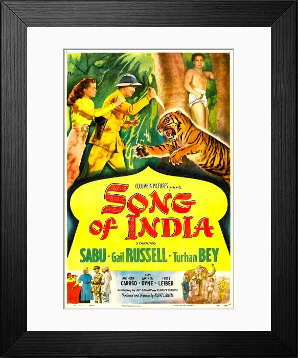 Framed Print : SONG OF INDIA, US poster, top from left: Turhan Bey, Gail Russell, Sabu, 1949