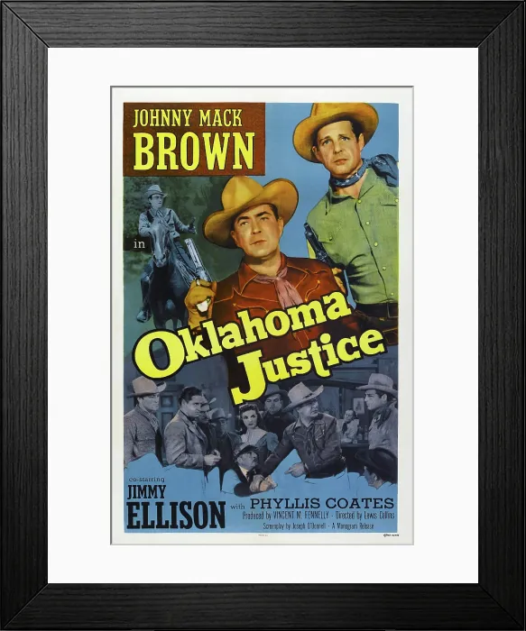Framed Print : OKLAHOMA JUSTICE, center: Johnny Mack Brown, right: Jimmy Ellison on poster art, 1951 Framed Print : OKLAHOMA JUSTICE, center: Johnny Mack Brown, right: Jimmy Ellison on poster art, 1951