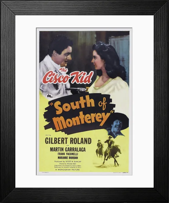Framed Print : SOUTH OF MONTEREY, top l-r: Gilbert Roland, Marjorie Riordan, bottom: Frank Yaconelli on poster art, 1946