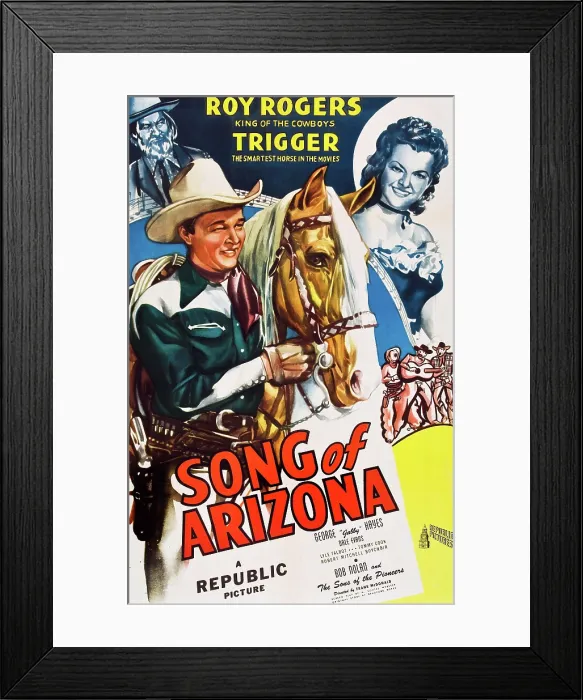 Framed Print : SONG OF ARIZONA, top left: George Gabby Hayes, center l-r: Roy Rogers, Trigger the Horse, Dale Evans on poster art, 1946 Framed Print : SONG OF ARIZONA, top left: George Gabby Hayes, center l-r: Roy Rogers, Trigger the Horse, Dale Evans on poster art, 1946