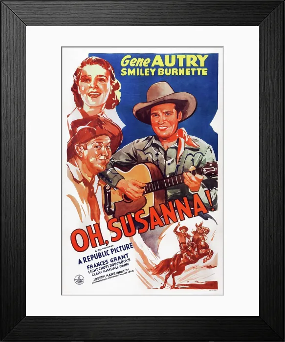 Framed Print : OH, SUSANNA!, US poster art, from left: Frances Grant, Smiley Burnette, Gene Autry, 1936 Framed Print : OH, SUSANNA!, US poster art, from left: Frances Grant, Smiley Burnette, Gene Autry, 1936