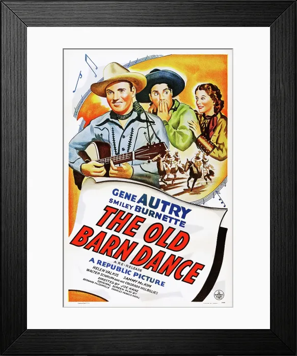 Framed Print : THE OLD BARN DANCE, US poster, from left: Gene Autry, Smiley Burnette, Joan Valerie, 1938