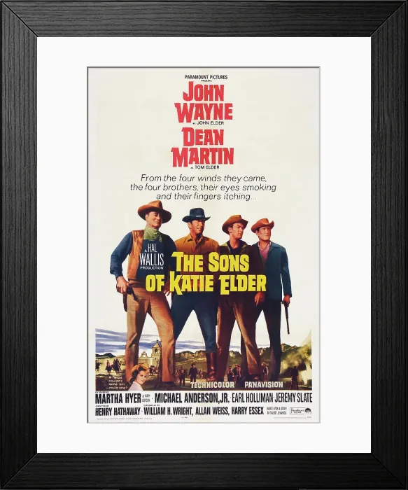 Framed Print : THE SONS OF KATIE ELDER, l-r: John Wayne, Dean Martin, Michael Anderson Jr. Earl Holliman, bottom: Martha Hyer on poster art, 1965 Framed Print : THE SONS OF KATIE ELDER, l-r: John Wayne, Dean Martin, Michael Anderson Jr. Earl Holliman, bottom: Martha Hyer on poster art, 1965