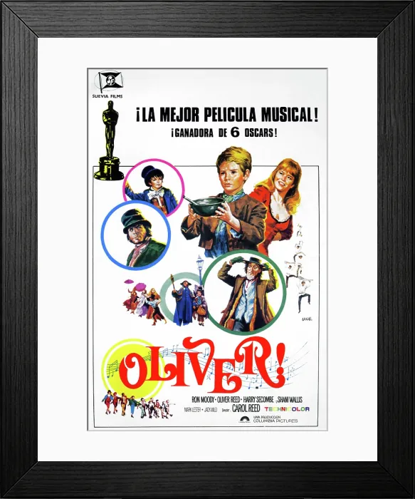 Framed Print : OLIVER!, top l-r: Jack Wild, Mark Lester, Shani Wallis, bottom l-r: Oliver Reed, Harry Secombe, Mark Lester, Ron Moody on Spanish poster art, 1968