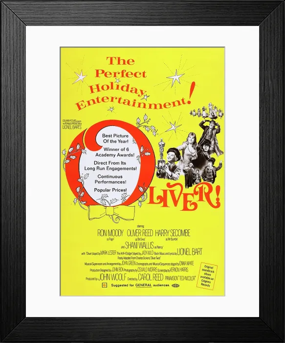 Framed Print : OLIVER!, US poster art, from left: Mark Lester, Shani Wallis, Oliver Reed, Ron Moody, Jack Wild, (below Reed), 1968 Framed Print : OLIVER!, US poster art, from left: Mark Lester, Shani Wallis, Oliver Reed, Ron Moody, Jack Wild, (below Reed), 1968