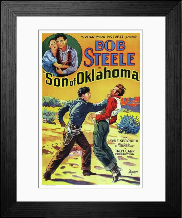 Framed Print : SON OF OKLAHOMA, US poster art, top inset: Carmen Laroux, Bob Steele; bottom left: Bob Steele, 1932 Framed Print : SON OF OKLAHOMA, US poster art, top inset: Carmen Laroux, Bob Steele; bottom left: Bob Steele, 1932