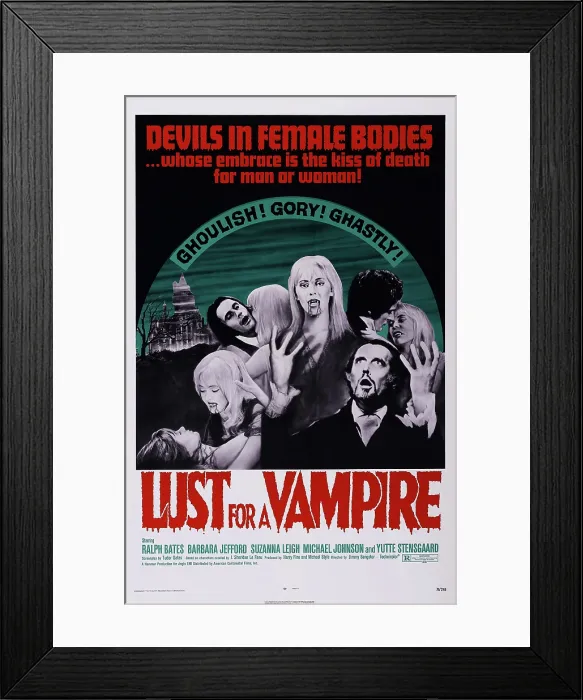 Framed Print : LUST FOR A VAMPIRE, US poster art, lower right: Ralph Bates, upper right: Ralph Bates, Yutte Stensgaard, 1971