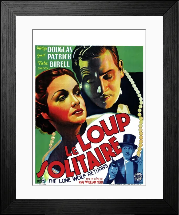 Framed Print : THE LONE WOLF RETURNS, (aka LE LOUP SOLITAIRE), top from left: Gail Patrick, Melvyn Douglas, bottom right: Melvyn Douglas on Belgian poster art, 1935