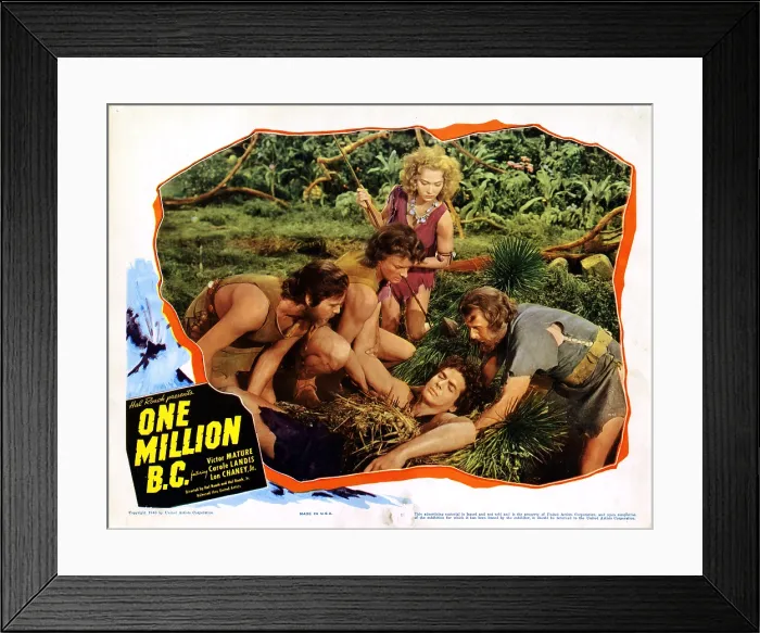 Framed Print : ONE MILLION B.C. John Hubbard, (far left), Carole Landis, (top), Victor Mature, (bottom), 1940