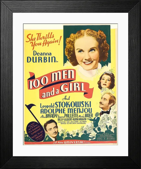 Framed Print : ONE HUNDRED MEN AND A GIRL, top: Deanna Durbin, bottom left: Mischa Auer, right from top: Alice Brady, Adolphe Menjou on window card, 1937