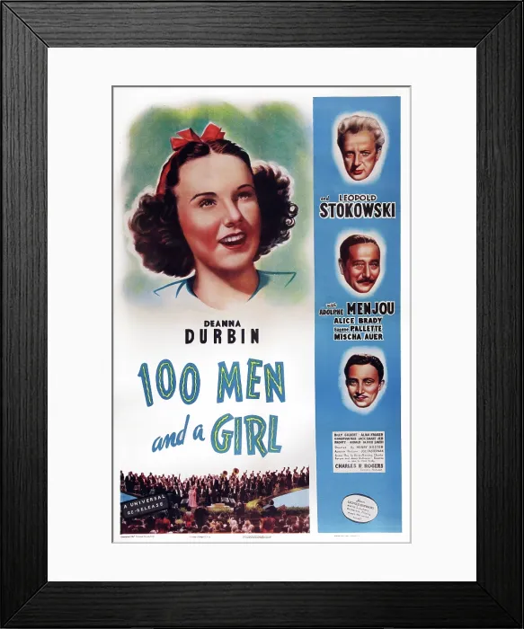 Framed Print : ONE HUNDRED MEN AND A GIRL, (aka 100 MEN AND A GIRL), US poster art, left: Deanna Durbin; right from top: Leopold Stokowski, Adolphe Menjou, Mischa Auer, 1937
